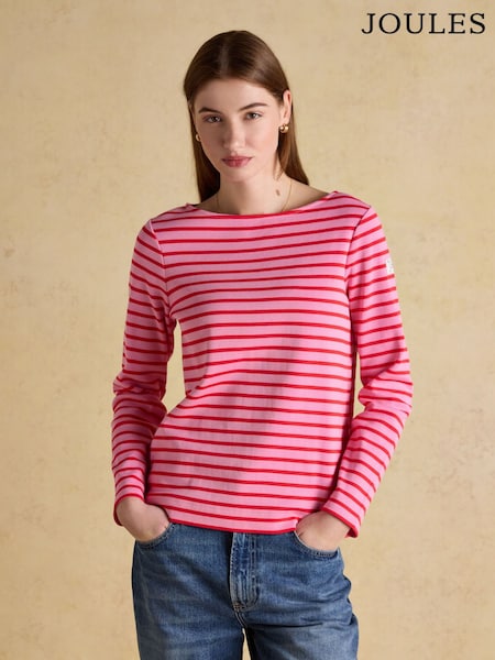 Joules Harbour Pink/Red Boat Neck 100% Cotton Long Sleeve Breton Top (H18043) | AED169