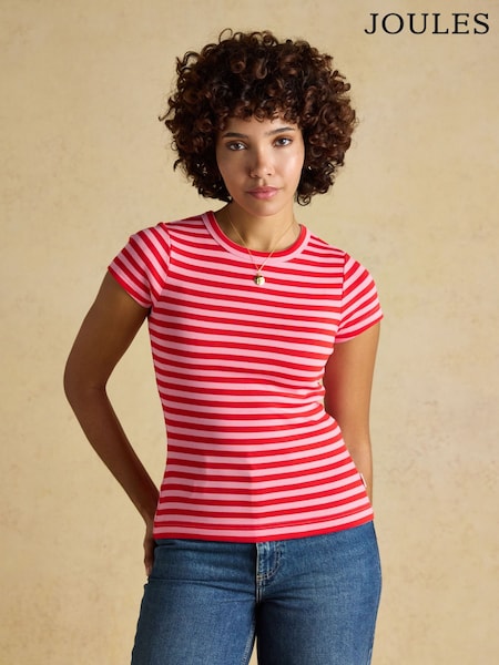 أحمر وردي خطوط - Joules Sophie Short Sleeve Ribbed Fitted T-Shirt (H18088) | ‏15 ر.ع.‏