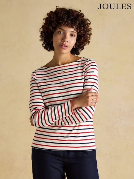 Joules Harbour Navy/Red Boat Neck Long Sleeve Breton Stripe Top (H18127) | $56