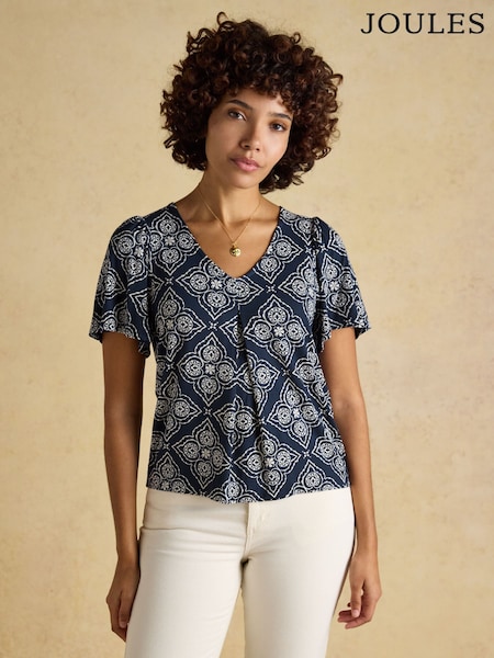 أزرق داكن شكل هندسي - Joules Nia Pleat Front Short Sleeve Jersey Top (H18129) | ‏20 ر.ع.‏
