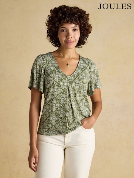 أخضر شكل هندسي - Joules Nia Pleat Front Short Sleeve Jersey Top (H18132) | ‏20 ر.ع.‏