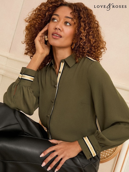 Love & Roses Olive Green Metallic Detail Long Sleeve Shirt (H18256) | €50