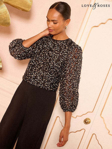 Love & Roses Black Gold Metallic Crew Neck 3/4 Sleeve Blouse (H18259) | AED285