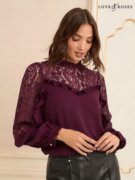 Love & Roses Burgundy Crew Neck Lace Yoke Long Sleeve Blouse (H18275) | 198 QAR