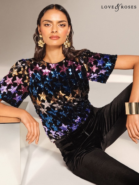 Love & Roses Multi RO Star Sequin Short Sleeve Top (H18276) | €60