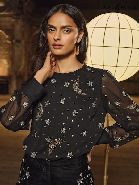 Love & Roses Black Gold Constellation RO Crew Neck Long Sleeve Embellished Blouse (H18291) | €66