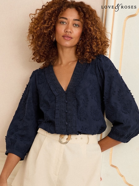 Love & Roses Navy Blue 3D Floral Print 3/4 Sleeve V-Neckline Blouse (H18292) | €56