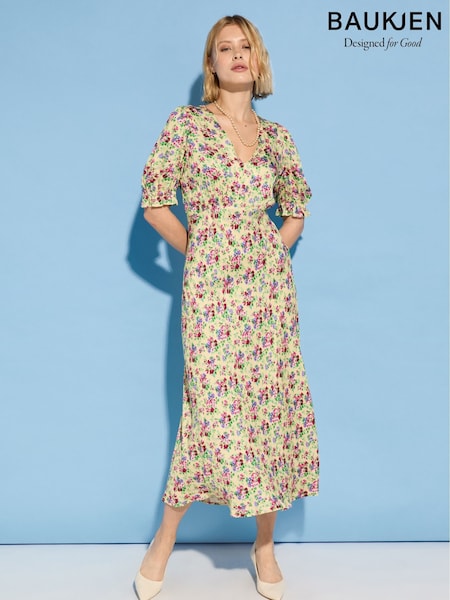 Baukjen Lottie Satin Midi Tea Butter Floral Print Yellow Dress (H18379) | ‏1,001‏₪