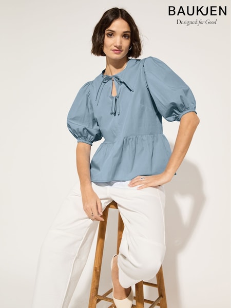 Baukjen Blue 100% Cotton Azura Organic Cotton Tie Detail Blouse (H18386) | €152