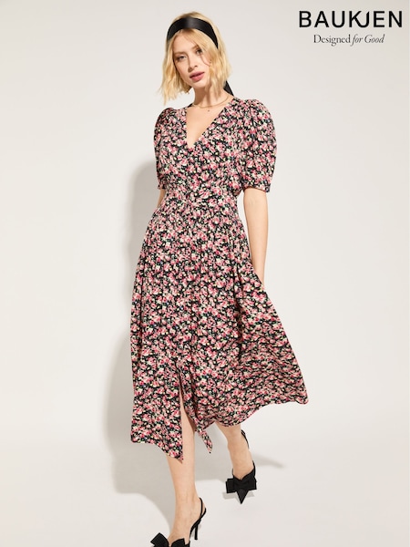 Baukjen Holly V-neck Waisted Midi Black Rose Floral Print Dress (H18388) | ‏850‏₪
