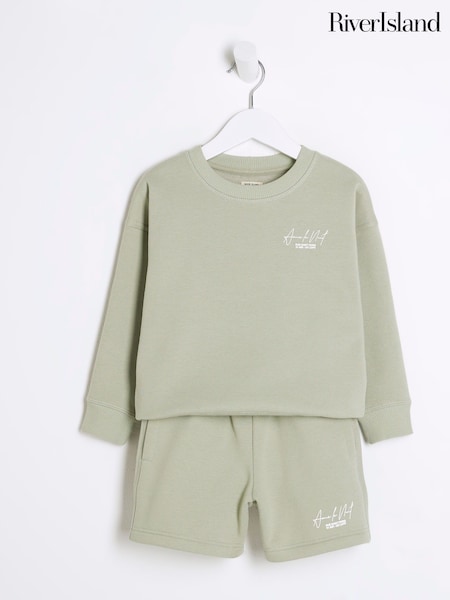 River Island Green Boys MB Ame Le Nuit Crew 100% Cotton Shorts Set (H18443) | €37