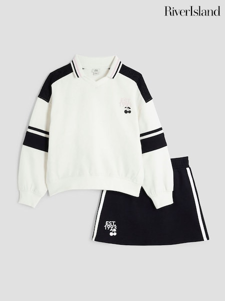 River Island White Girls Collar 100% Cotton Sweat and Skirt Set (H18450) | €38