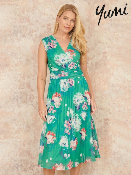 Yumi Green Blossom Print Stretch Mesh Dress With Pockets (H18482) | 322 QAR