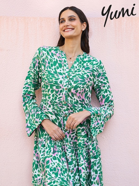 Yumi Green Viscose Ikat Print 3/4 Sleeve Tunic Dress (H18486) | €79
