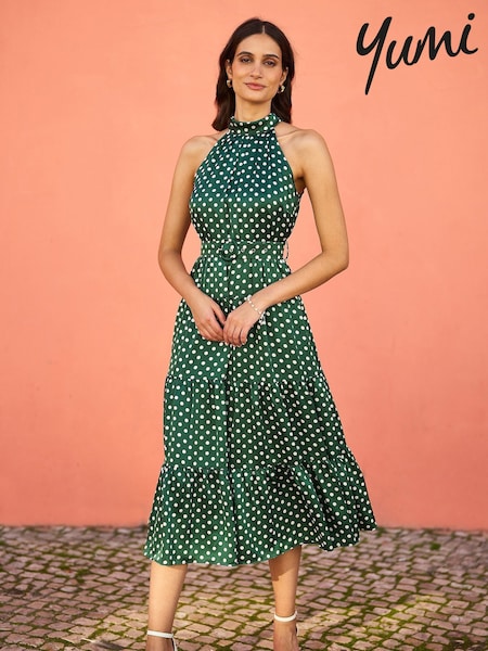 Yumi Spot Print Halter Midi Dress With Matching Belt (H18489) | €102