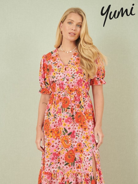 Yumi Pink Floral Midi Dress With Frill Hem and Puff Sleeves (H18496) | €63