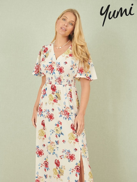 Yumi Floral Fabric Ruched Waist Midi Dress (H18497) | €73