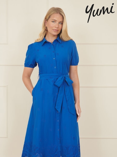 Yumi Blue 100% Cotton Shirt Midi Dress With Cut Out Details (H18500) | €89