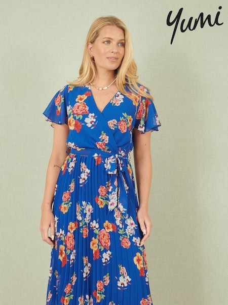 Yumi Blue Floral Pleated Wrap Dress (H18501) | €77
