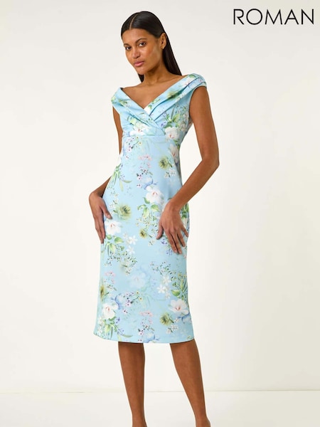 Roman Blue Off The Shoulder Floral Print Dress (H18629) | €86