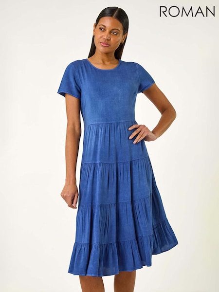 Roman Blue Frill Tiered Smock Midi Dress (H18651) | €60