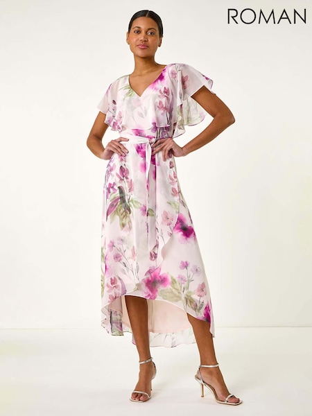 Roman Pink Floral Print Wrap Midi Dress (H18659) | €93