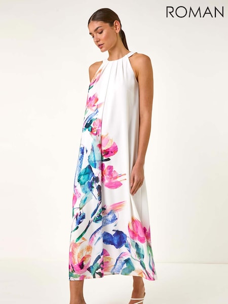 Roman Pink Floral Print Placement Halter Neck Midi Dress (H18666) | €86