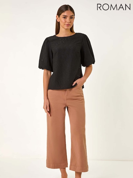 Roman Black Broderie Puff Sleeve Top (H18672) | ₪201