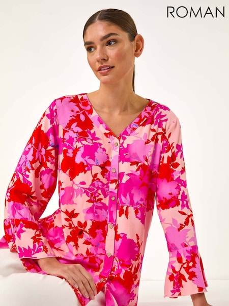 Roman Pink Floral Print Flare Sleeve Blouse (H18673) | €51