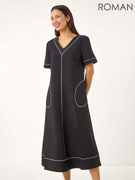 Roman Black Contrast Stitch Detail A-Line Dress (H18680) | €63