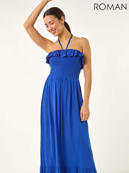 Roman Blue Frill Shirred Bandeau Midi Dress (H18686) | €58