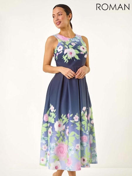 Roman Blue Floral Print Border Scuba Midi Dress (H18687) | 346 QAR