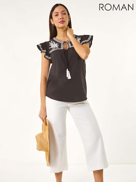 Roman Black Embroidered Tie Front 100% Cotton Tank Top (H18693) | $77