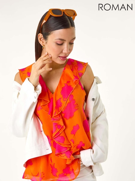 Roman Orange Tropical Print Ruffle Vest Top (H18697) | €53