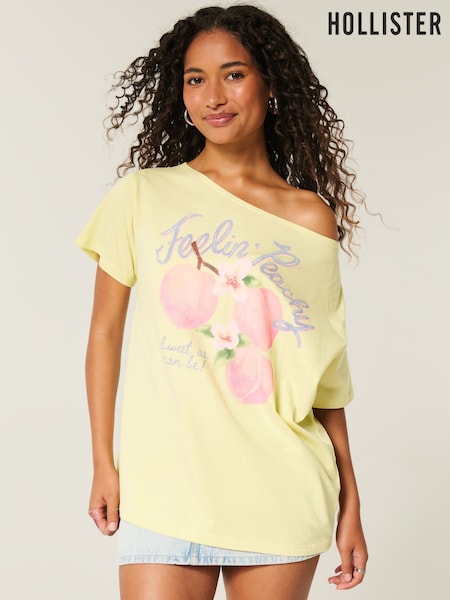 Hollister Yellow Off Shoulder Fruit Graphic Print 100% Cotton T-Shirt (H18824) | ‏151 د.إ.‏