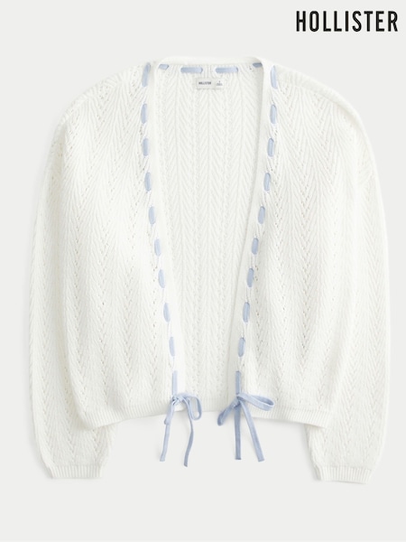 Hollister Textured Knitted Balloon Sleeve White Cardigan (H18833) | 178 QAR
