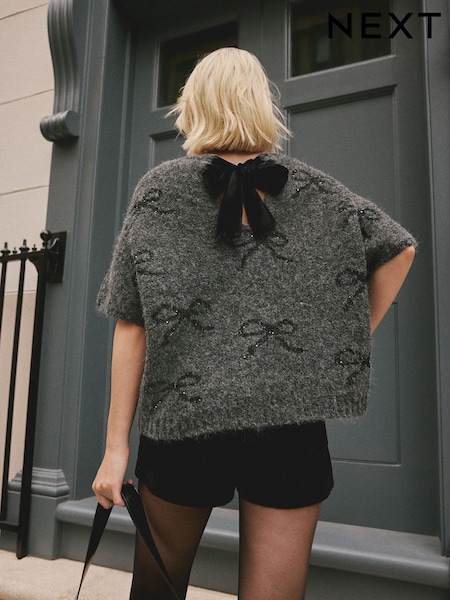 Grey/Bow Sparkle Knitted Poncho Cover-Up with Velvet Bow Back Tie (H18944) | €51