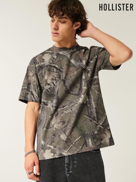 Hollister Green Acid Wash Camo Crew Neck Boxy 100% Cotton T-Shirt (H18947) | € 36