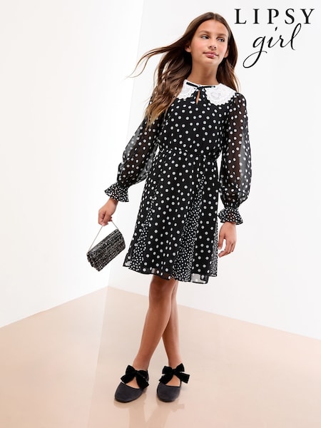 Lipsy Black Polka Dot Collar Dress (7-16yrs) (H19118) | €55 - €66