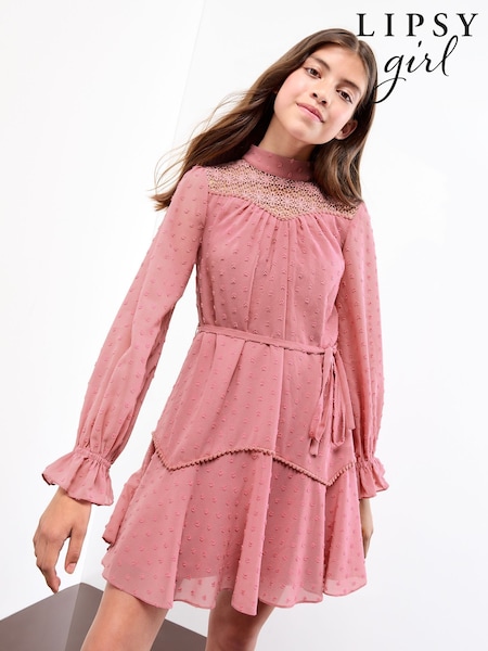 Lipsy Pink Long Sleeve Lace Yoke Dress (5-16yrs) (H19122) | €56 - €66