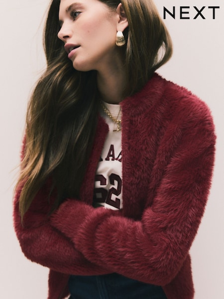 Burgundy Red Bear Texture Zip-Up Bomber Jacket (H19129) | €62.50
