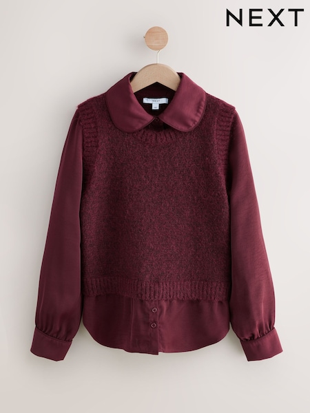 Burgundsko rdeča - Satin Shirt Layer Knitted Tank (H19133) | € 50