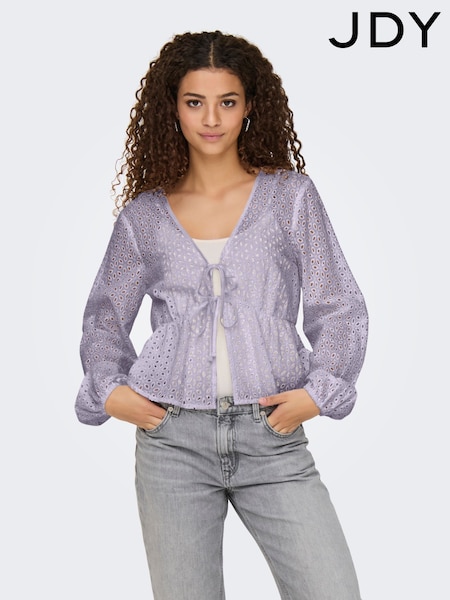 JDY Purple 100% Cotton Tie Front Broderie Blouse (H19152) | ₪176