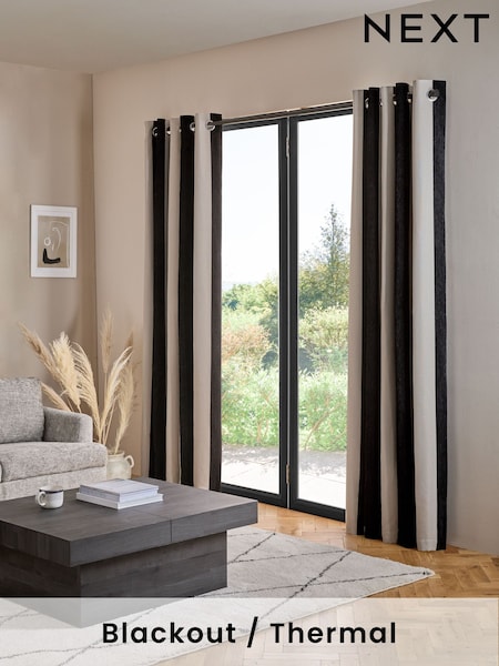 Black/Natural Chenille Stripe Eyelet Blackout/Thermal Curtains (H19208) | €99 - €205
