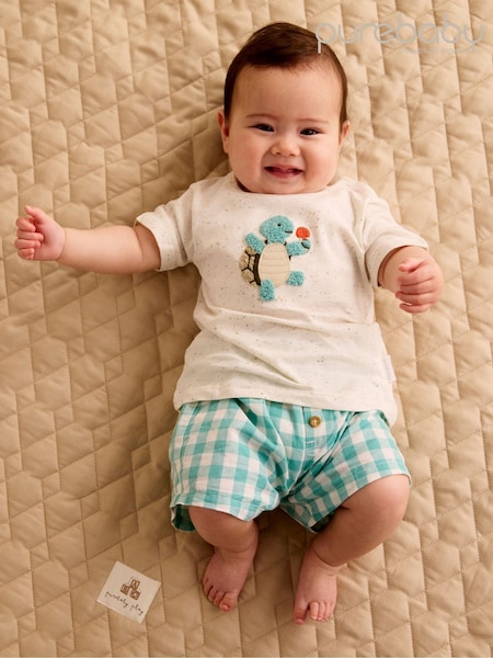 Purebaby Green Gingham Turtle 100% Cotton T-Shirt and Short Set (H19230) | kr471