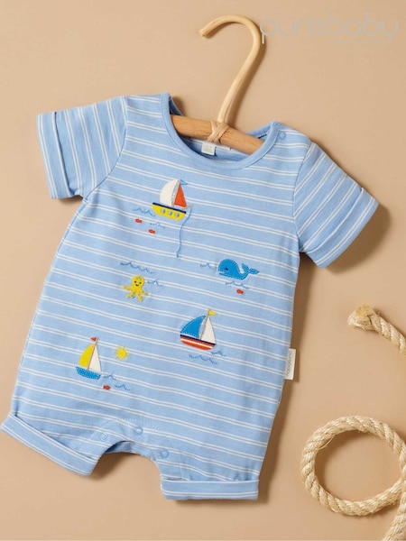 Purebaby Blue Stripe Sail Away Short 100% Cotton Romper (H19234) | ₪126