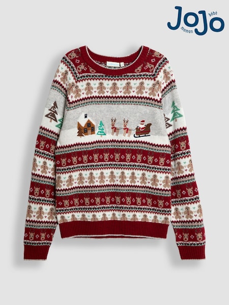 JoJo Maman Bébé Burgundy Men's Christmas Scene Fairisle Jumper (H19350) | R$ 485