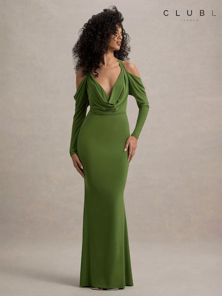 Club L London Green Hurghada Plunge Neck Long Sleeve Maxi Dress (H19398) | R$ 940