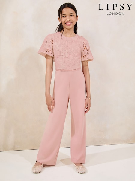 Lipsy Pink 2-In-1 Flutter Sleeve Lace Occasion Jumpsuit (5-16yrs) (H19413) | €69 - €80
