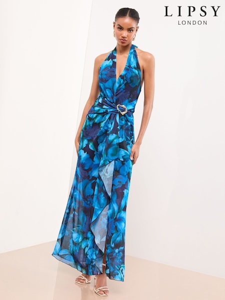 Lipsy Blue Printed Plunge Halter Maxi Dress (H19428) | €84